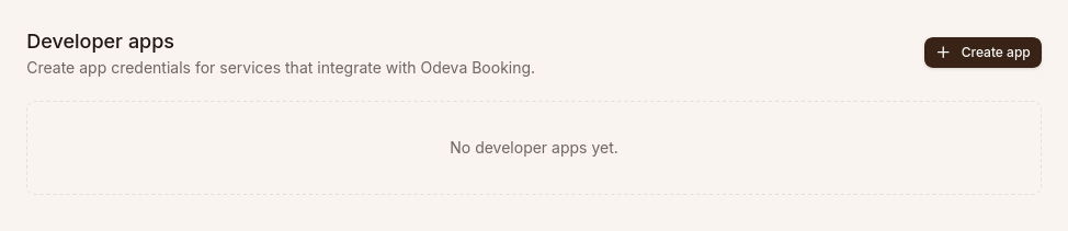 Developer apps screen with no apps yet.